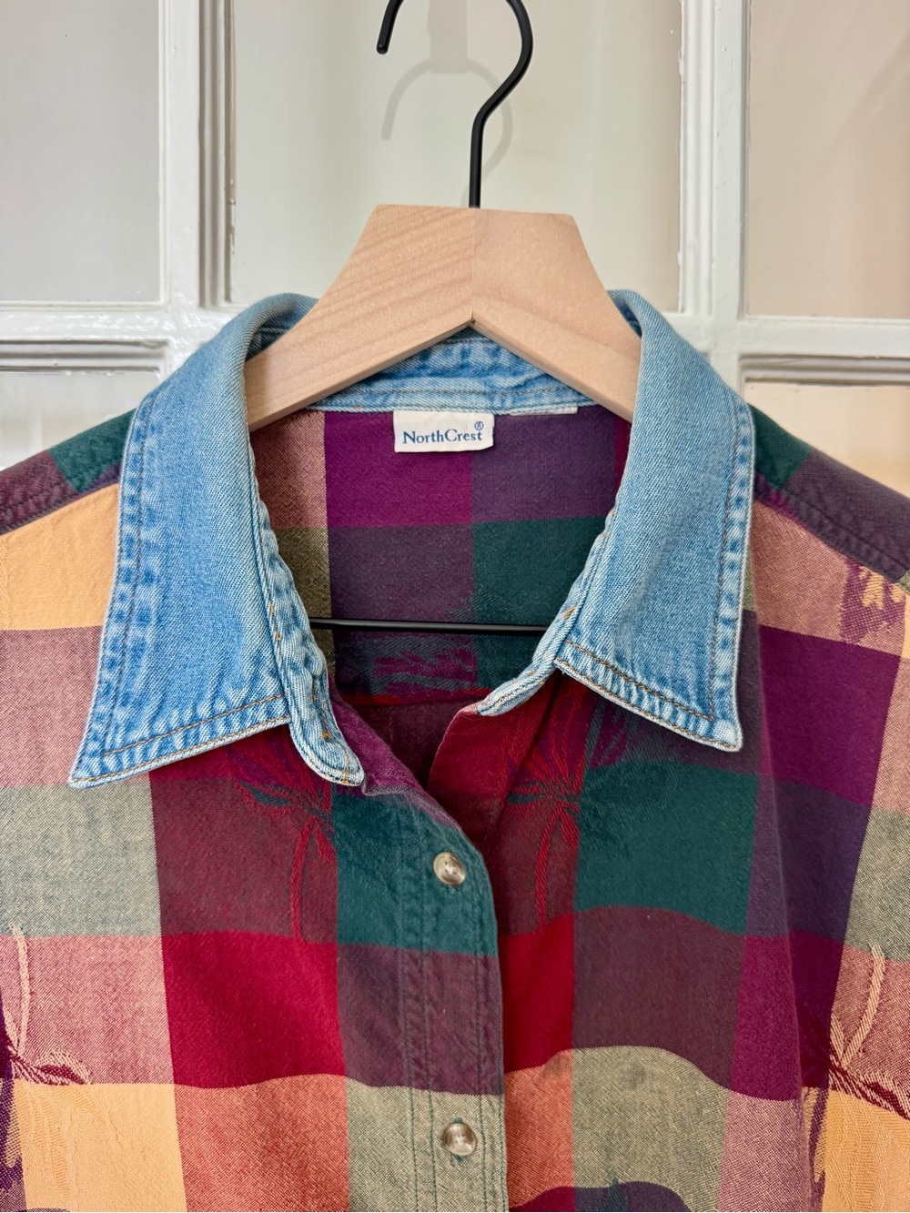 Northcrest Vintage Denim Collar Plaid Button-Up Autumn Shirt Fall Cottage Colors - Picture 2 of 8